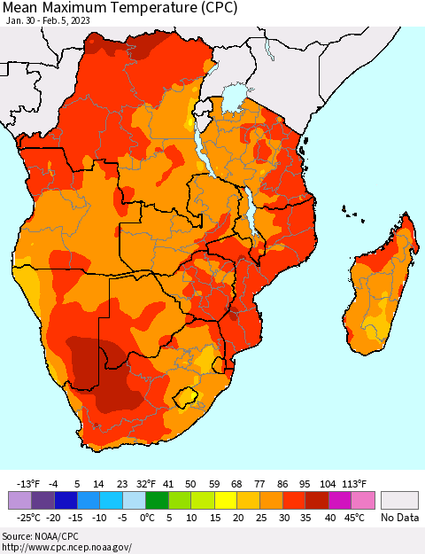 Southern Africa Mean Maximum Temperature (CPC) Thematic Map For 1/30/2023 - 2/5/2023