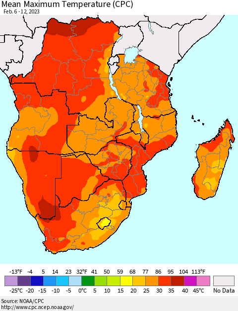 Southern Africa Mean Maximum Temperature (CPC) Thematic Map For 2/6/2023 - 2/12/2023