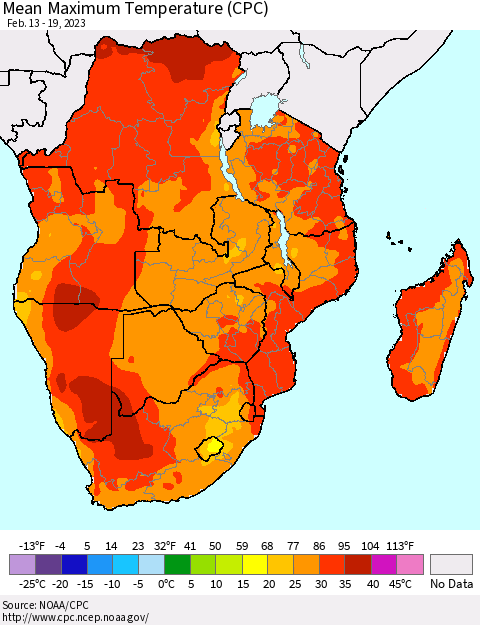 Southern Africa Mean Maximum Temperature (CPC) Thematic Map For 2/13/2023 - 2/19/2023