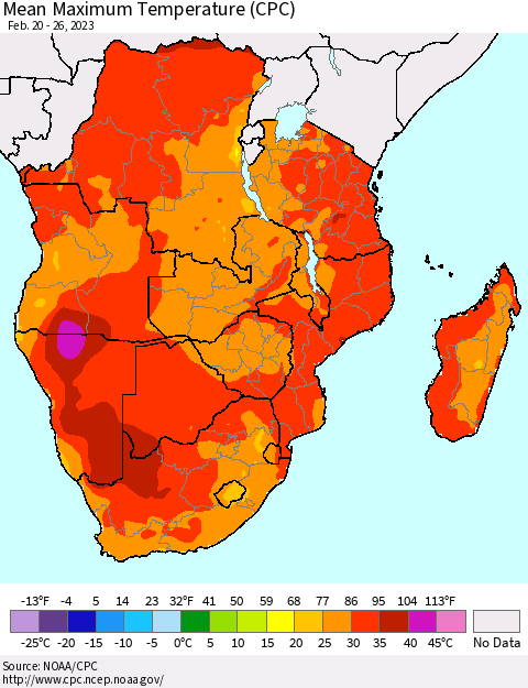 Southern Africa Mean Maximum Temperature (CPC) Thematic Map For 2/20/2023 - 2/26/2023