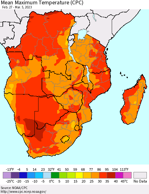Southern Africa Mean Maximum Temperature (CPC) Thematic Map For 2/27/2023 - 3/5/2023