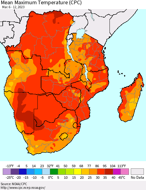 Southern Africa Mean Maximum Temperature (CPC) Thematic Map For 3/6/2023 - 3/12/2023