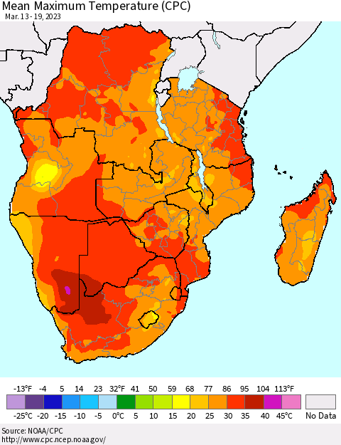 Southern Africa Mean Maximum Temperature (CPC) Thematic Map For 3/13/2023 - 3/19/2023