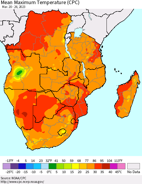 Southern Africa Mean Maximum Temperature (CPC) Thematic Map For 3/20/2023 - 3/26/2023