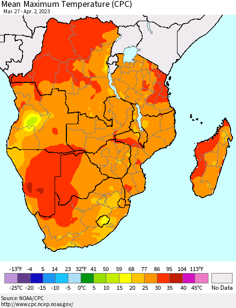 Southern Africa Mean Maximum Temperature (CPC) Thematic Map For 3/27/2023 - 4/2/2023