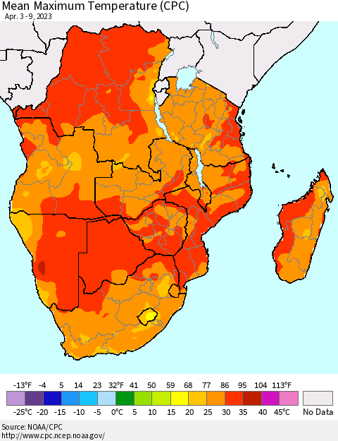 Southern Africa Mean Maximum Temperature (CPC) Thematic Map For 4/3/2023 - 4/9/2023