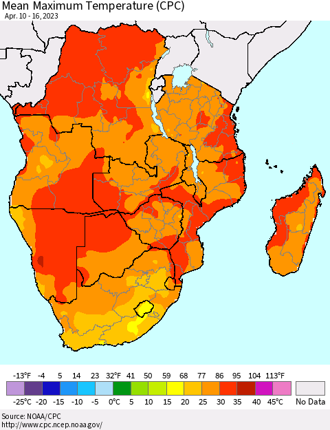 Southern Africa Mean Maximum Temperature (CPC) Thematic Map For 4/10/2023 - 4/16/2023