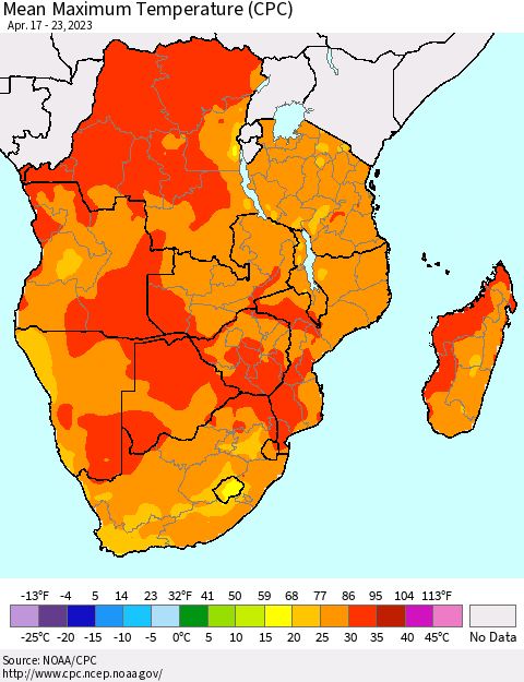 Southern Africa Mean Maximum Temperature (CPC) Thematic Map For 4/17/2023 - 4/23/2023