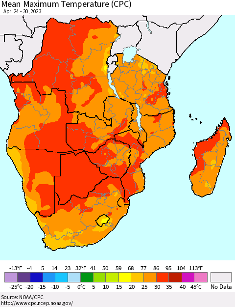 Southern Africa Mean Maximum Temperature (CPC) Thematic Map For 4/24/2023 - 4/30/2023
