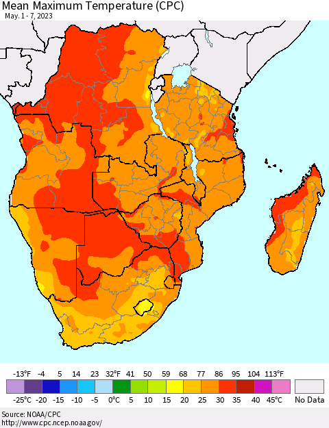 Southern Africa Mean Maximum Temperature (CPC) Thematic Map For 5/1/2023 - 5/7/2023
