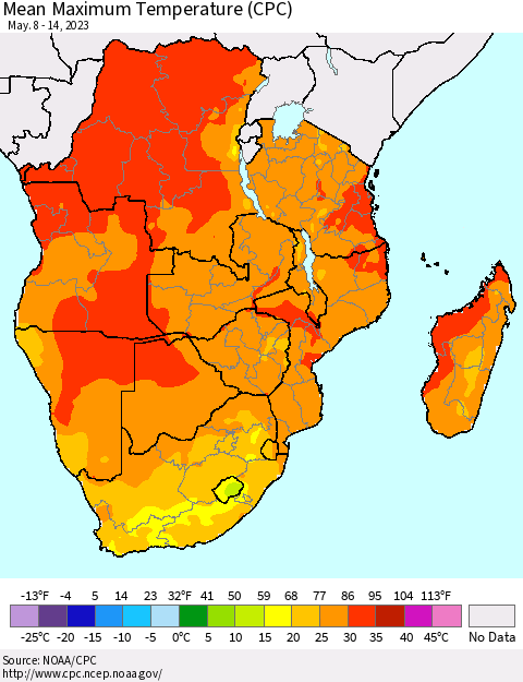 Southern Africa Mean Maximum Temperature (CPC) Thematic Map For 5/8/2023 - 5/14/2023