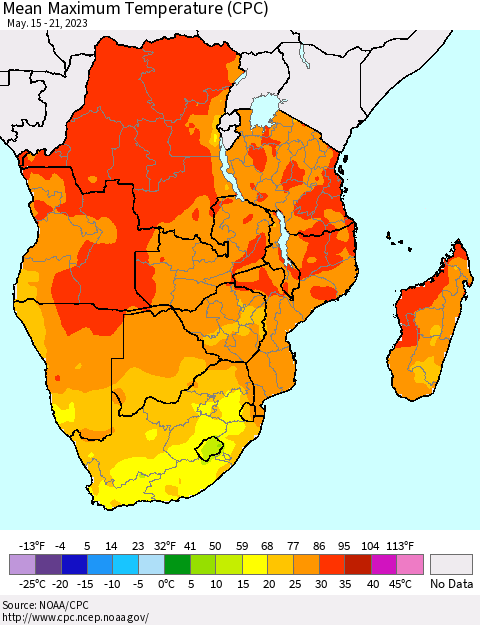 Southern Africa Mean Maximum Temperature (CPC) Thematic Map For 5/15/2023 - 5/21/2023
