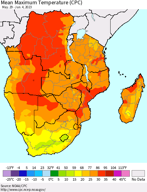 Southern Africa Mean Maximum Temperature (CPC) Thematic Map For 5/29/2023 - 6/4/2023