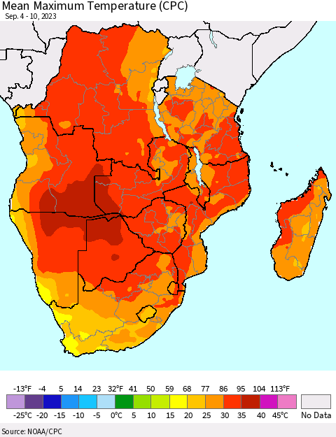 Southern Africa Mean Maximum Temperature (CPC) Thematic Map For 9/4/2023 - 9/10/2023