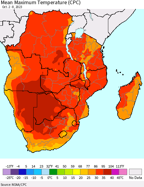 Southern Africa Mean Maximum Temperature (CPC) Thematic Map For 10/2/2023 - 10/8/2023