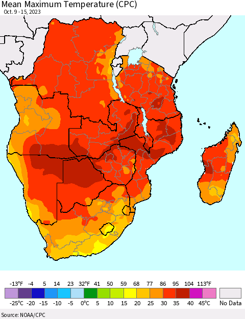 Southern Africa Mean Maximum Temperature (CPC) Thematic Map For 10/9/2023 - 10/15/2023