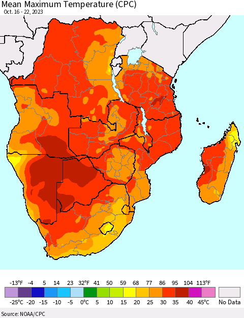 Southern Africa Mean Maximum Temperature (CPC) Thematic Map For 10/16/2023 - 10/22/2023