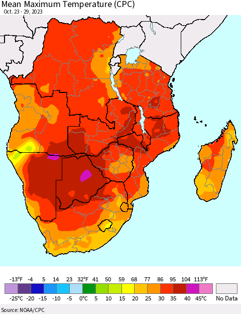 Southern Africa Mean Maximum Temperature (CPC) Thematic Map For 10/23/2023 - 10/29/2023