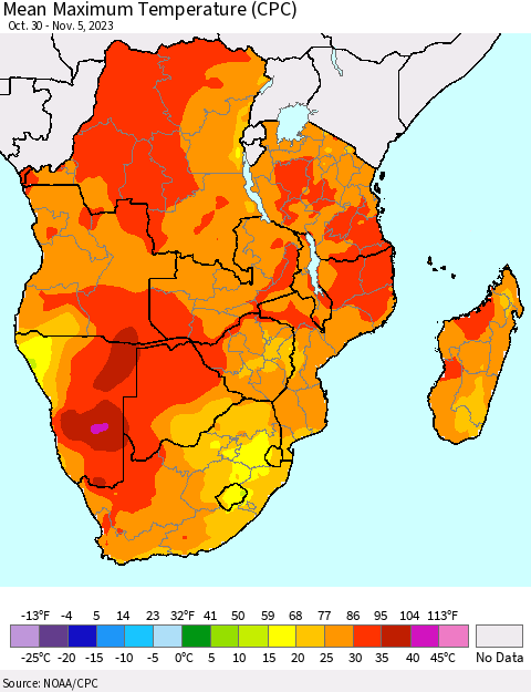 Southern Africa Mean Maximum Temperature (CPC) Thematic Map For 10/30/2023 - 11/5/2023