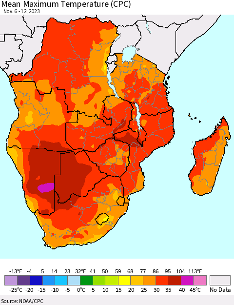 Southern Africa Mean Maximum Temperature (CPC) Thematic Map For 11/6/2023 - 11/12/2023