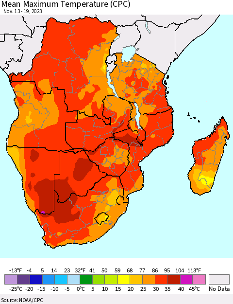 Southern Africa Mean Maximum Temperature (CPC) Thematic Map For 11/13/2023 - 11/19/2023