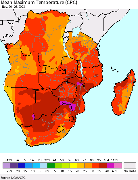 Southern Africa Mean Maximum Temperature (CPC) Thematic Map For 11/20/2023 - 11/26/2023
