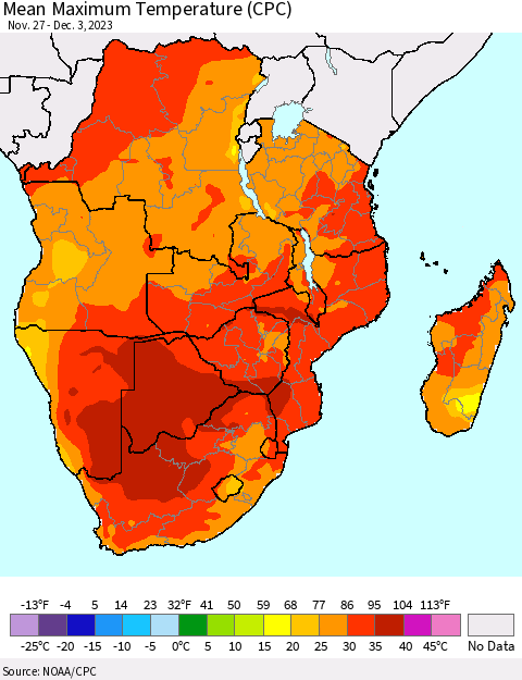 Southern Africa Mean Maximum Temperature (CPC) Thematic Map For 11/27/2023 - 12/3/2023
