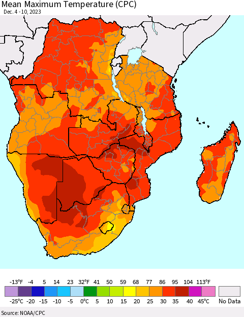 Southern Africa Mean Maximum Temperature (CPC) Thematic Map For 12/4/2023 - 12/10/2023