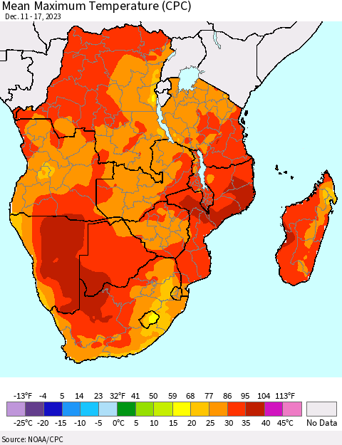 Southern Africa Mean Maximum Temperature (CPC) Thematic Map For 12/11/2023 - 12/17/2023