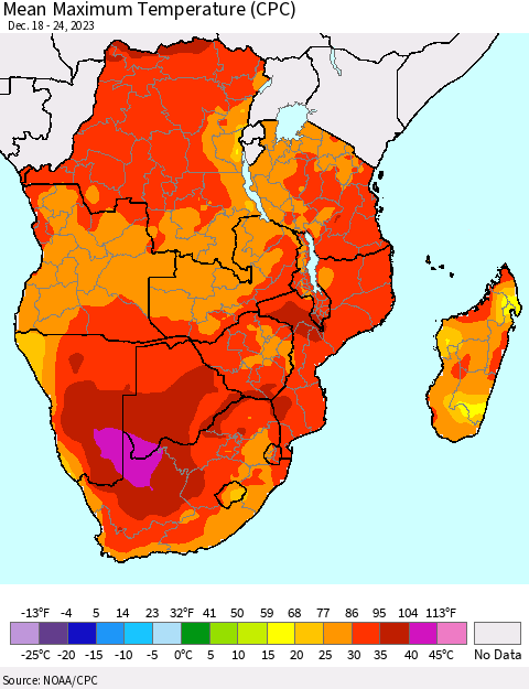 Southern Africa Mean Maximum Temperature (CPC) Thematic Map For 12/18/2023 - 12/24/2023