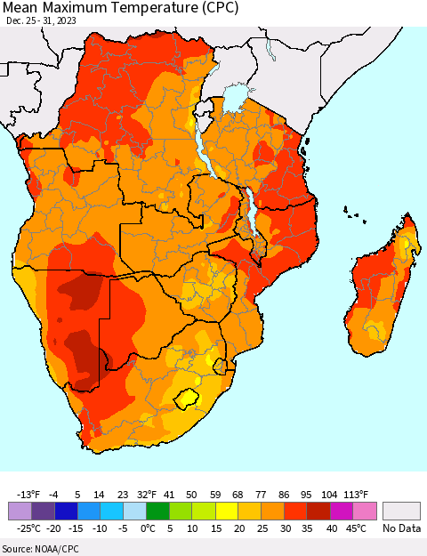 Southern Africa Mean Maximum Temperature (CPC) Thematic Map For 12/25/2023 - 12/31/2023