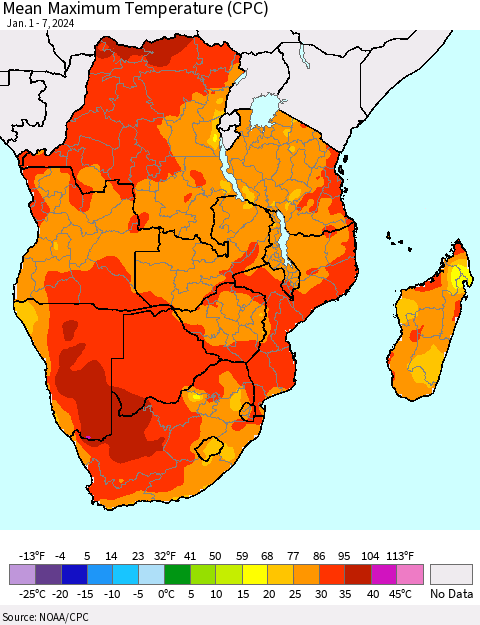 Southern Africa Mean Maximum Temperature (CPC) Thematic Map For 1/1/2024 - 1/7/2024