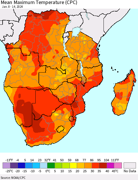 Southern Africa Mean Maximum Temperature (CPC) Thematic Map For 1/8/2024 - 1/14/2024