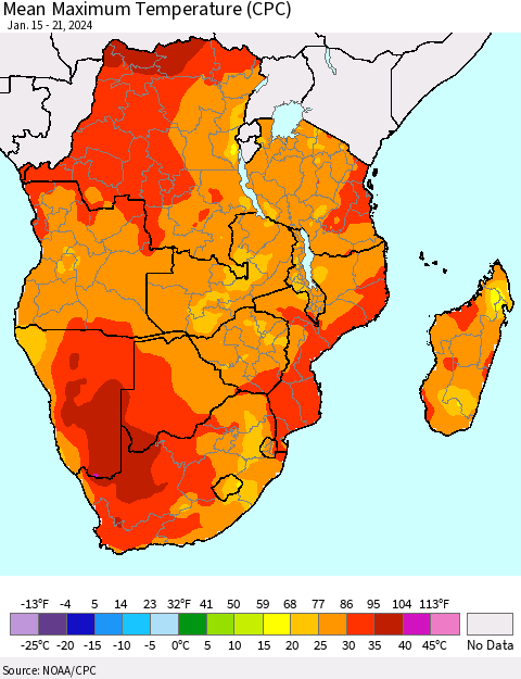 Southern Africa Mean Maximum Temperature (CPC) Thematic Map For 1/15/2024 - 1/21/2024