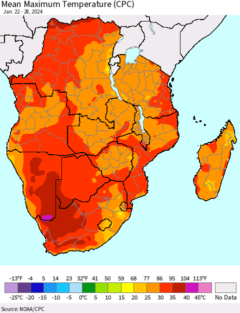 Southern Africa Mean Maximum Temperature (CPC) Thematic Map For 1/22/2024 - 1/28/2024
