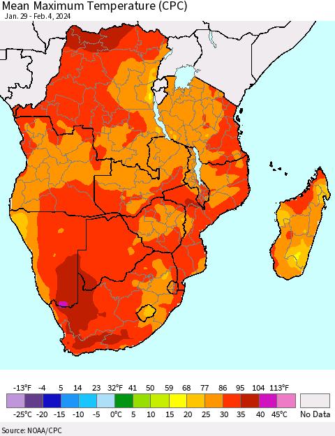 Southern Africa Mean Maximum Temperature (CPC) Thematic Map For 1/29/2024 - 2/4/2024
