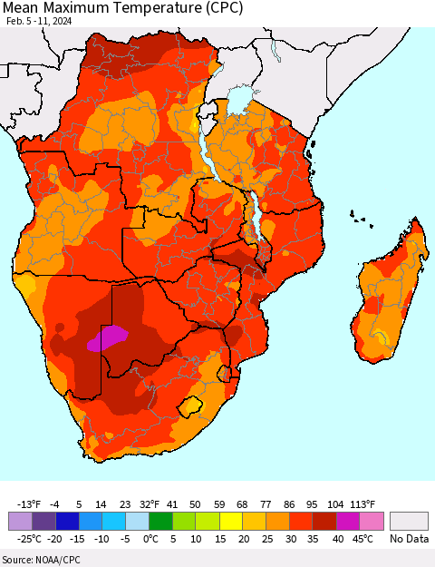 Southern Africa Mean Maximum Temperature (CPC) Thematic Map For 2/5/2024 - 2/11/2024