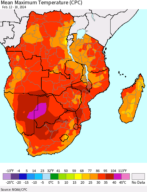 Southern Africa Mean Maximum Temperature (CPC) Thematic Map For 2/12/2024 - 2/18/2024