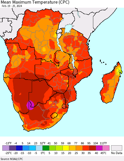 Southern Africa Mean Maximum Temperature (CPC) Thematic Map For 2/19/2024 - 2/25/2024
