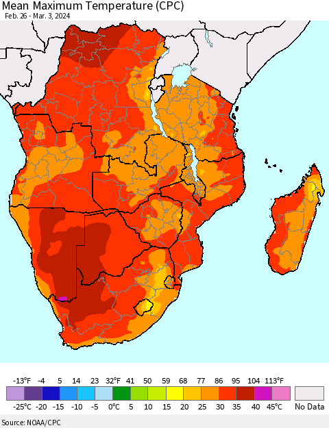 Southern Africa Mean Maximum Temperature (CPC) Thematic Map For 2/26/2024 - 3/3/2024
