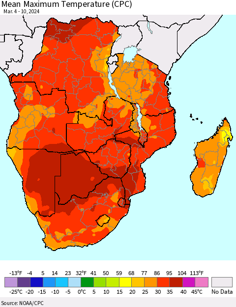 Southern Africa Mean Maximum Temperature (CPC) Thematic Map For 3/4/2024 - 3/10/2024