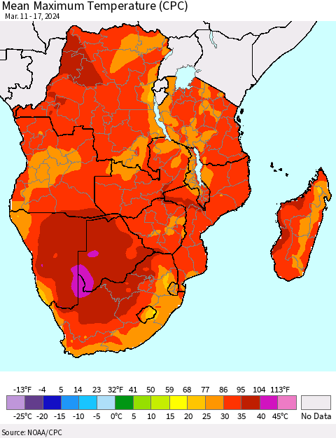 Southern Africa Mean Maximum Temperature (CPC) Thematic Map For 3/11/2024 - 3/17/2024