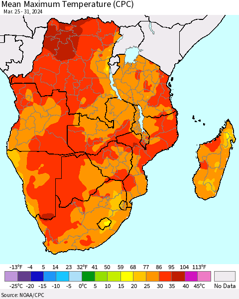 Southern Africa Mean Maximum Temperature (CPC) Thematic Map For 3/25/2024 - 3/31/2024