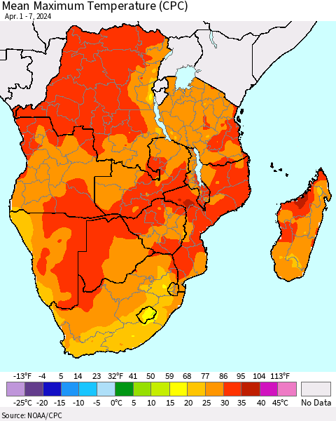 Southern Africa Mean Maximum Temperature (CPC) Thematic Map For 4/1/2024 - 4/7/2024