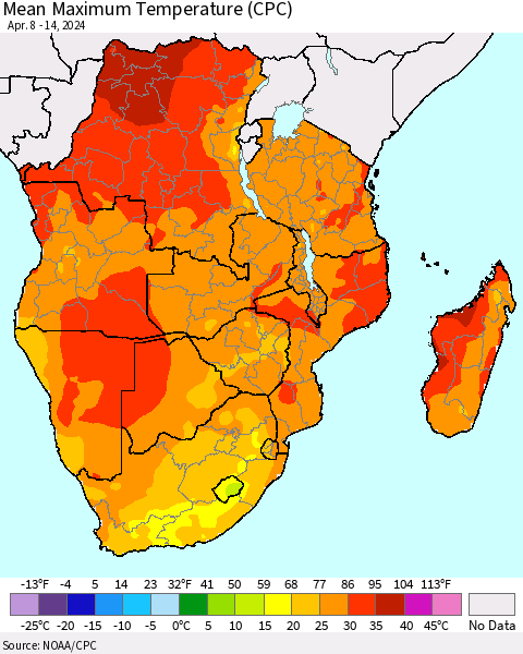 Southern Africa Mean Maximum Temperature (CPC) Thematic Map For 4/8/2024 - 4/14/2024
