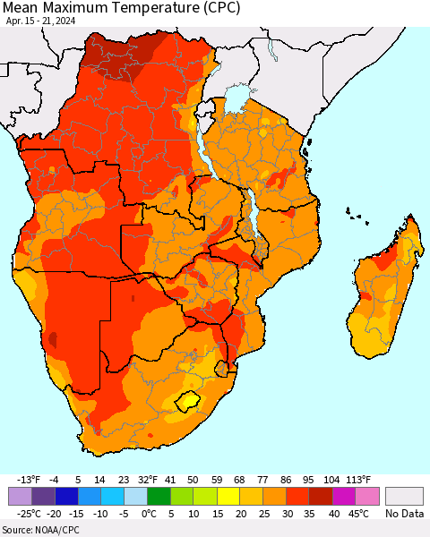 Southern Africa Mean Maximum Temperature (CPC) Thematic Map For 4/15/2024 - 4/21/2024