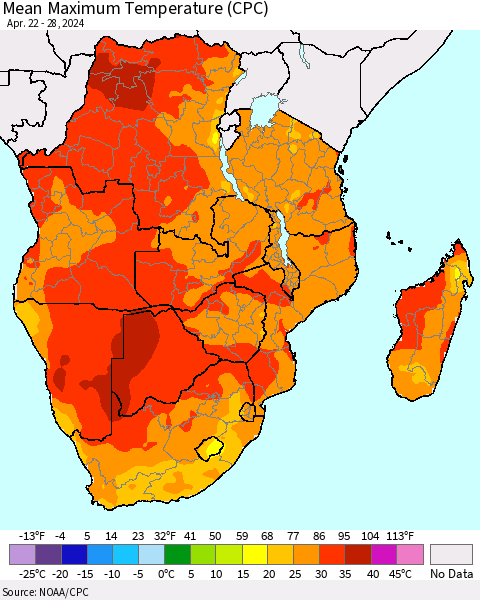 Southern Africa Mean Maximum Temperature (CPC) Thematic Map For 4/22/2024 - 4/28/2024