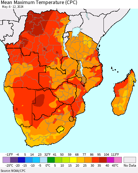 Southern Africa Mean Maximum Temperature (CPC) Thematic Map For 5/6/2024 - 5/12/2024