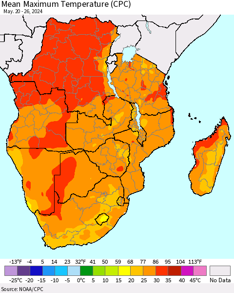 Southern Africa Mean Maximum Temperature (CPC) Thematic Map For 5/20/2024 - 5/26/2024