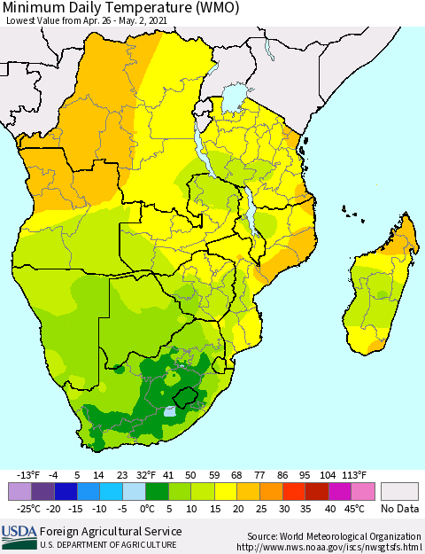 Southern Africa Minimum Daily Temperature (WMO) Thematic Map For 4/26/2021 - 5/2/2021